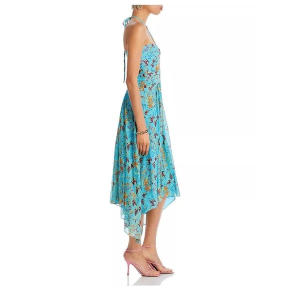 A.L.C. VIOLET BLUE TEAL SILK PRINTED HALTER SLEEVELESS ASYMMETRIC MIDI DRESS - Picture 3 of 9